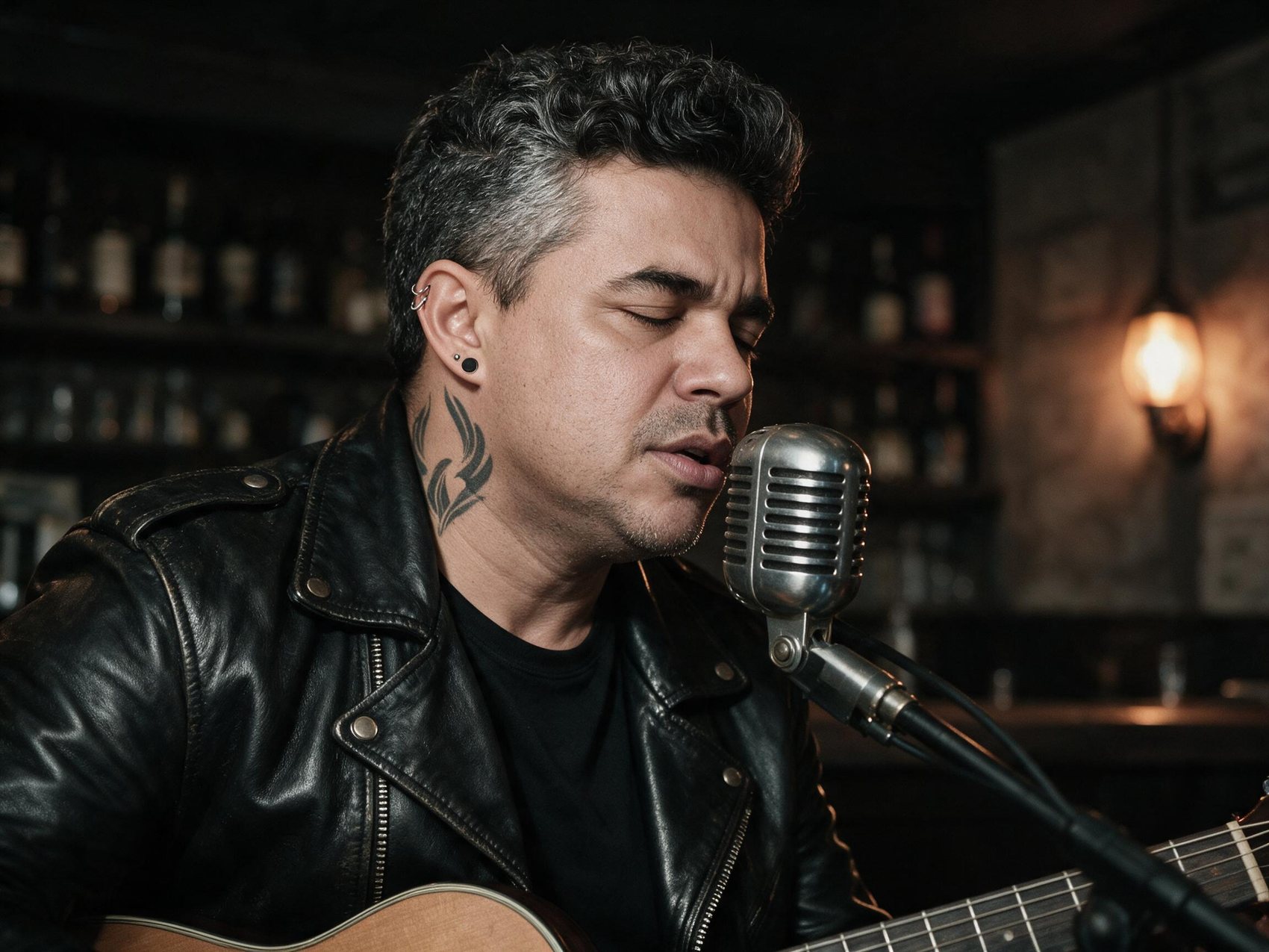 Geo Voxx cantando ao violão em um bar